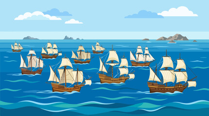 Fleet of Ancient Wooden Sailing Ships Navigating the Deep Blue Ocean © oke