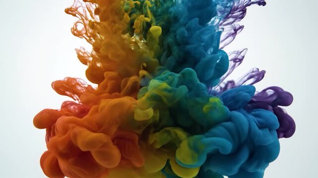 Vibrant rainbow ink drops swirl together in clear water