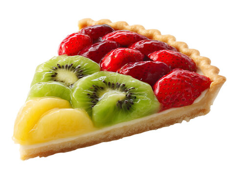 Fresh fruit tart slice isolated on a white background, layered with custard and topped with glazed strawberries, kiwi, and pineapple.