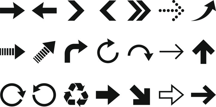 A comprehensive vector icon set featuring various black arrow designs including straight curved circular and recycling symbols for modern user interface design
