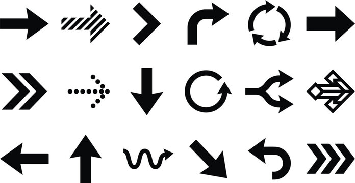 A comprehensive vector icon set featuring various black arrow designs including straight curved circular dotted and geometric shapes for modern digital interfaces