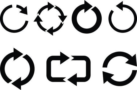 A comprehensive vector icon set featuring various circular arrows and refresh symbols designed for web interface navigation and digital application user experience
