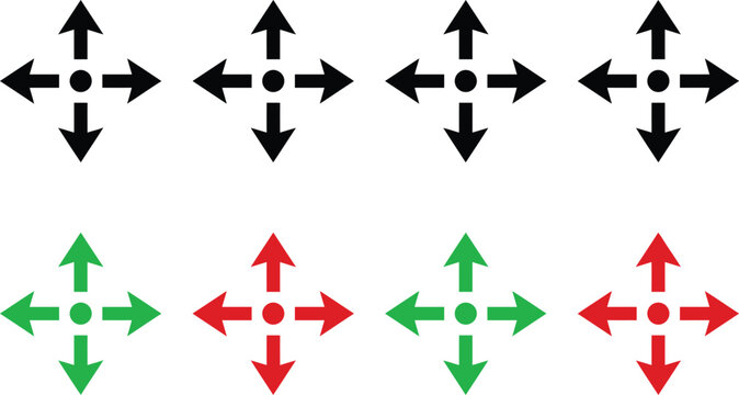 A comprehensive vector icon set featuring multiple four directional arrow symbols in black red and green colors for user interface design projects