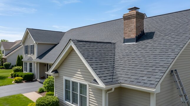 Completed residential roof replacement with chimney flashing