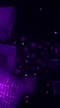 Floating purple digital cubes with glowing matrix data particles on dark background, technology, virtual reality, cyber network, 3d motion graphics