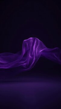 Flowing purple silk fabric waving in slow motion against a dark background, elegant drapery texture, smooth motion, fashion luxury