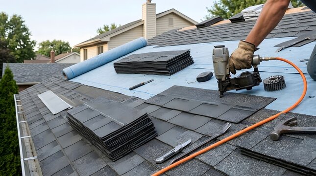 Installing asphalt shingles with nailer on a residential roof
