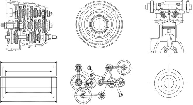 Vector Illustration Set of Mechanical Engineering Blueprint Diagrams Featuring Combustion Engine Piston Gearbox Transmission System and Technical Machine Schematics for Industrial Designs