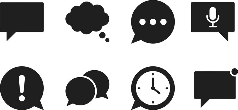 A professional collection of black speech bubbles and communication symbols presented as a comprehensive vector icon set for modern digital interface design