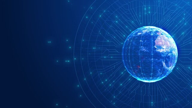 Blue Global Data Network with Luminous Earth Sphere and Circuit Technology Background