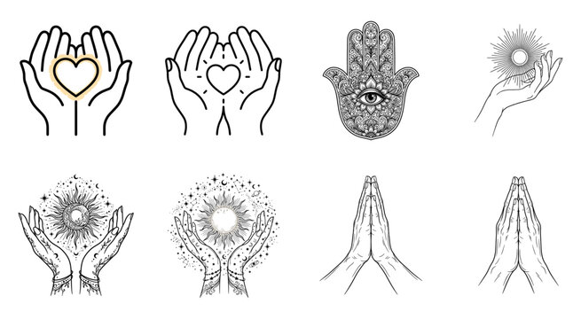 Set of mystic hands icons with hearts hamsa and sun symbols in line art style