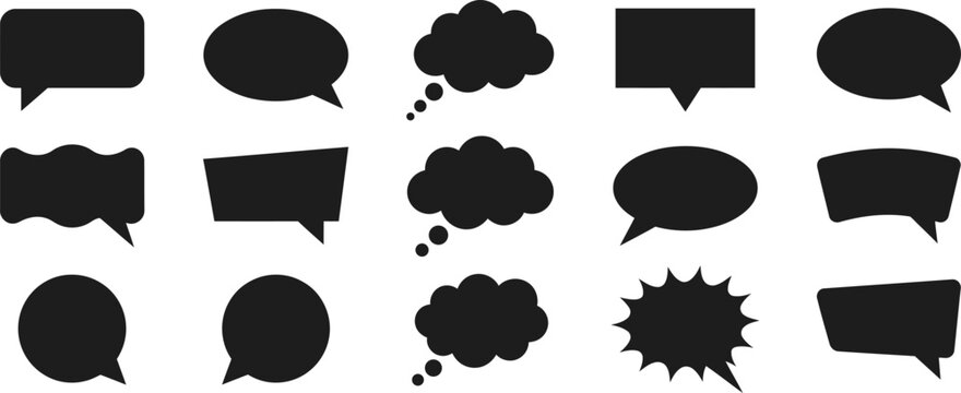 A comprehensive vector icon set featuring various black speech bubbles and thought balloons for creative design projects and digital communication interface elements