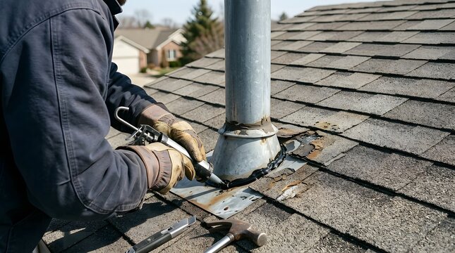 Repairing cracked roof vent flashing with sealant and roofing tools