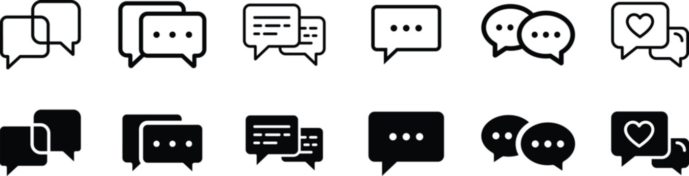 A comprehensive vector icon set featuring various hand drawn speech bubbles and chat communication symbols for modern digital interface design and messaging