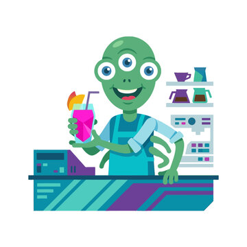 Green alien bartender serving a tropical cocktail at a counter