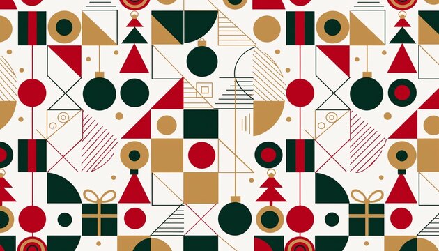 Minimalist festive geometric seamless pattern featuring abstract holiday shapes in red green with gift boxes flat minimalist style