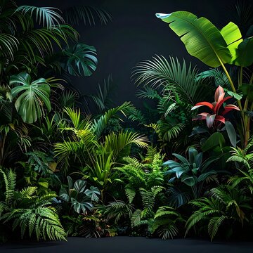 Lush Tropical Rainforest Jungle with Exotic Plants and Dark Moody Atmosphere.