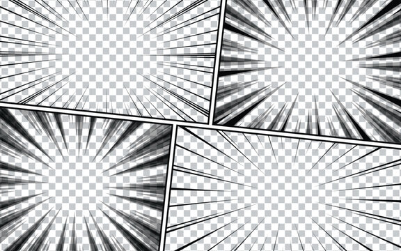 Comic speed lines vector set featuring black radial action zoom effect background templates, manga burst rays frames, superhero graphic motion lines isolated on transparent grid background.