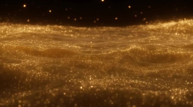 Glittering golden particles floating in dark liquid waves, abstract motion background, luxury atmosphere, glowing light texture, digital magic dust