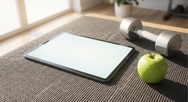 Tablet mockup with blank screen next to dumbbell and green apple on fitness mat