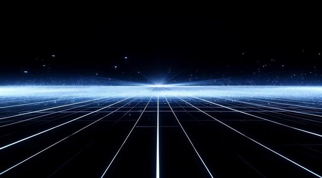 Glowing blue grid lines vanishing into horizon, digital data stream perspective, futuristic technology, virtual cyberspace, high speed network communication