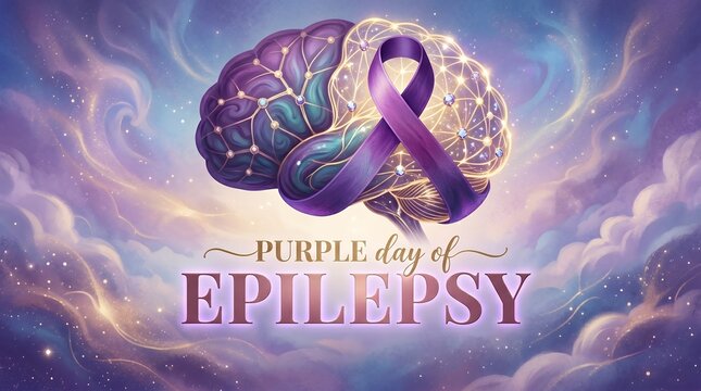 Illustrative Stylized Brain with Purple Awareness Ribbon and Text for Epilepsy Day Celebration