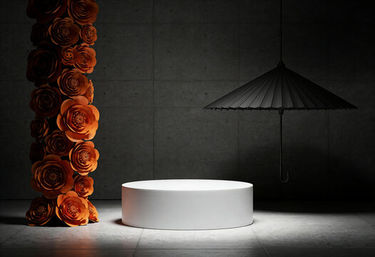 Halloween podium, white pedestal, product display, black umbrella, floral pillar, studio stage, dark wall, mockup stand, decorative flowers, dark interior, product showcase.
