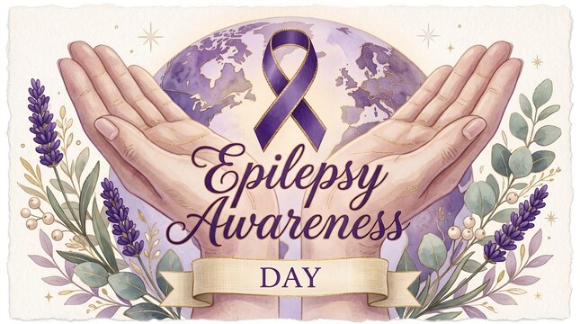Artistic Watercolor Illustration of Hands Cupping the Earth for Epilepsy Awareness Day with Lavender and Eucalyptus