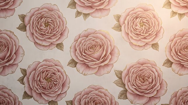 Elegant pink roses with gold outlines in a vintage floral pattern