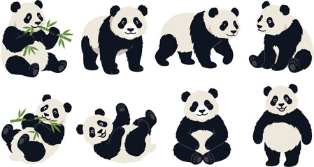 Cute panda bear collection, adorable cartoon wildlife character set for nursery, mascot, nature vector illustration © Sanjina