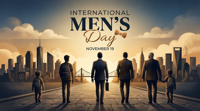 Artistic Illustration of Men of Different Ages Walking Together Towards a City Skyline Celebrating International Men's Day November Nineteenth
