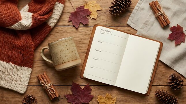 Autumn workspace flatlay with notebook, mug, and dried leaves.