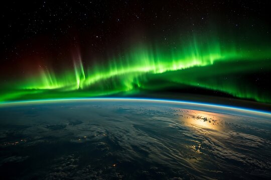 Spectacular Aurora Borealis displays vibrant green lights across the Earth's atmosphere from space.