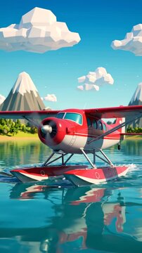 Red and white low poly seaplane floating on a calm lake with mountain background 3D illustration