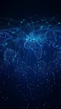 glowing digital world map with plexus connections, global network communication, data transmission lines, dots and nodes, internet technology background