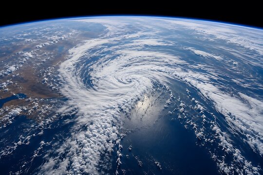 A powerful hurricane swirls over the ocean, viewed from space, showcasing its immense scale and cloud formations.