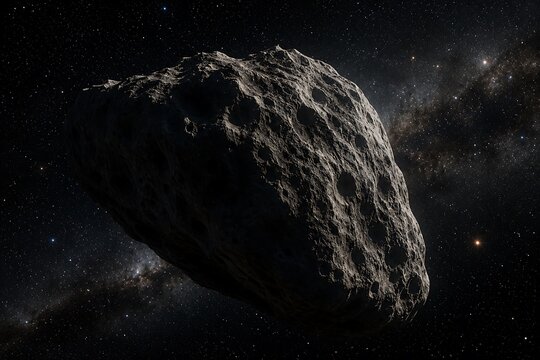 A massive, irregularly shaped asteroid with a heavily cratered surface drifts through the vastness of space, illuminated by distant starlight.