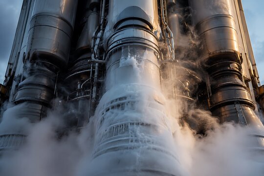 Close-up view of the powerful engines of a rocket preparing for launch, with steam billowing around the nozzles.