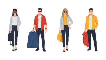 Obraz premium Set of four stylish young people in casual clothes with accessories, standing in full length on a white background.