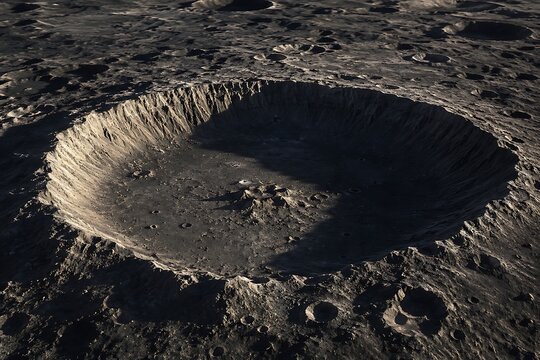 A detailed aerial view of a large, desolate lunar crater with rugged, textured walls and a rough, uneven floor, showcasing the impact geology of the Moon's surface.