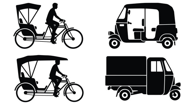 Black Silhouette Of Rickshaws And Three Wheeled Vehicles On White Background auto rickshaw