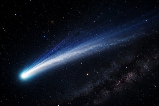 A brilliant blue and white comet streaks across a dark, star-filled expanse of space, leaving a luminous tail behind it.