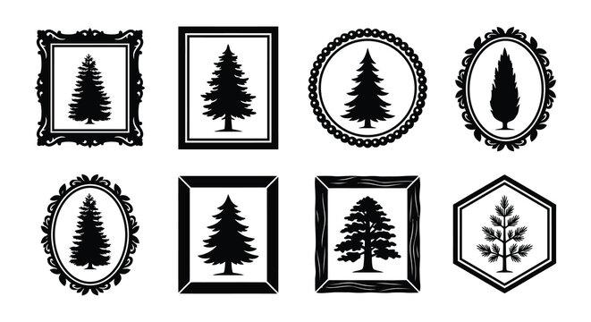 Fir tree silhouettes within ornate frames and geometric shapes black on white