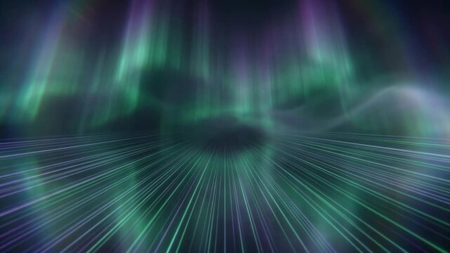 エメラルドと紫のオーロラの光が空間に広がる透明感のある抽象的な背景