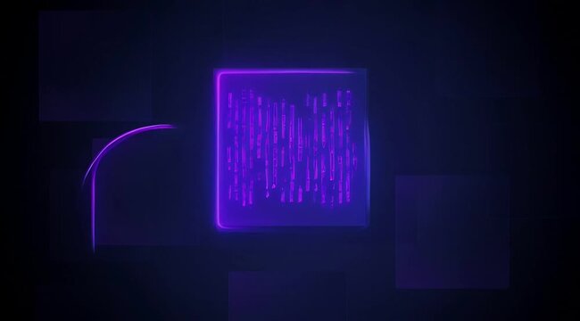 Glowing purple square digital interface pulsing with data visualization, futuristic tech background, network connectivity, cyber security patterns