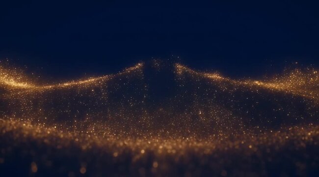 Golden shimmering dust particles moving in flowing wave motion on dark background, luxury magic trail for motion graphics
