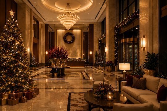 Luxurious hotel lobby adorned with festive Christmas decorations, including a large illuminated tree and elegant floral arrangements, creating a warm and inviting atmosphere.