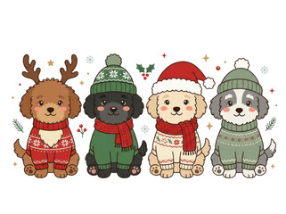 Naklejka premium Four cute puppies wearing winter clothing for christmas celebration