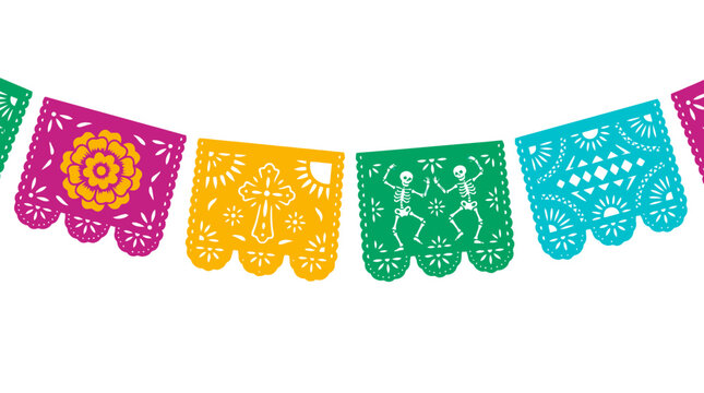 Colorful Mexican papel picado banner with dancing skeletons and flower cutouts on white background, perfect for Day of the Dead banner, fiesta decoration and holiday celebration