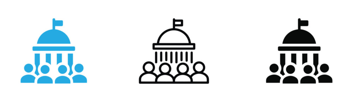 Government building icon with people  set for democracy, public administration, parliament assembly, civic engagement, and politics. Features a domed capitol building with a flag above a crowd .